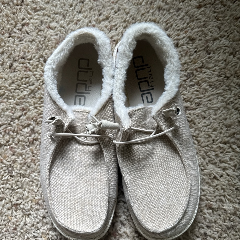 Hey Dude Light Tan Slip-On Shoes with Faux Fur